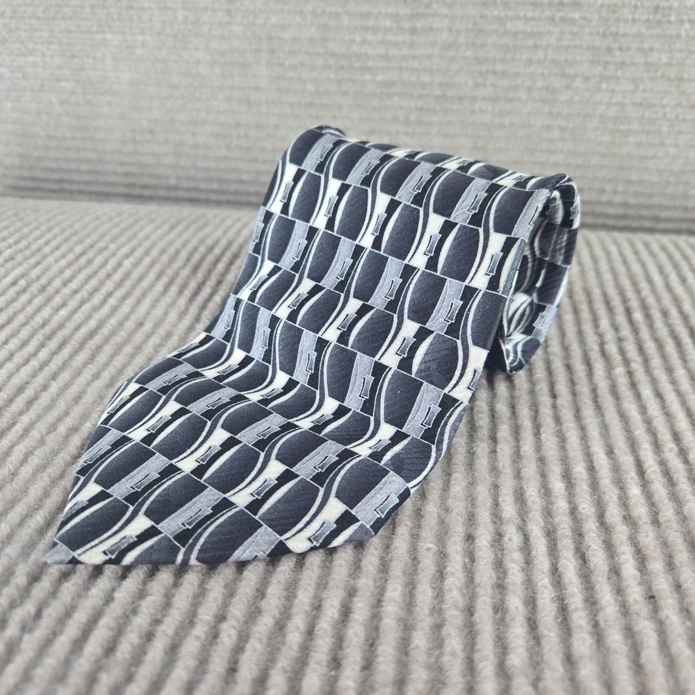 J. Ferrar Mens Black Gray Geometric Silk Necktie